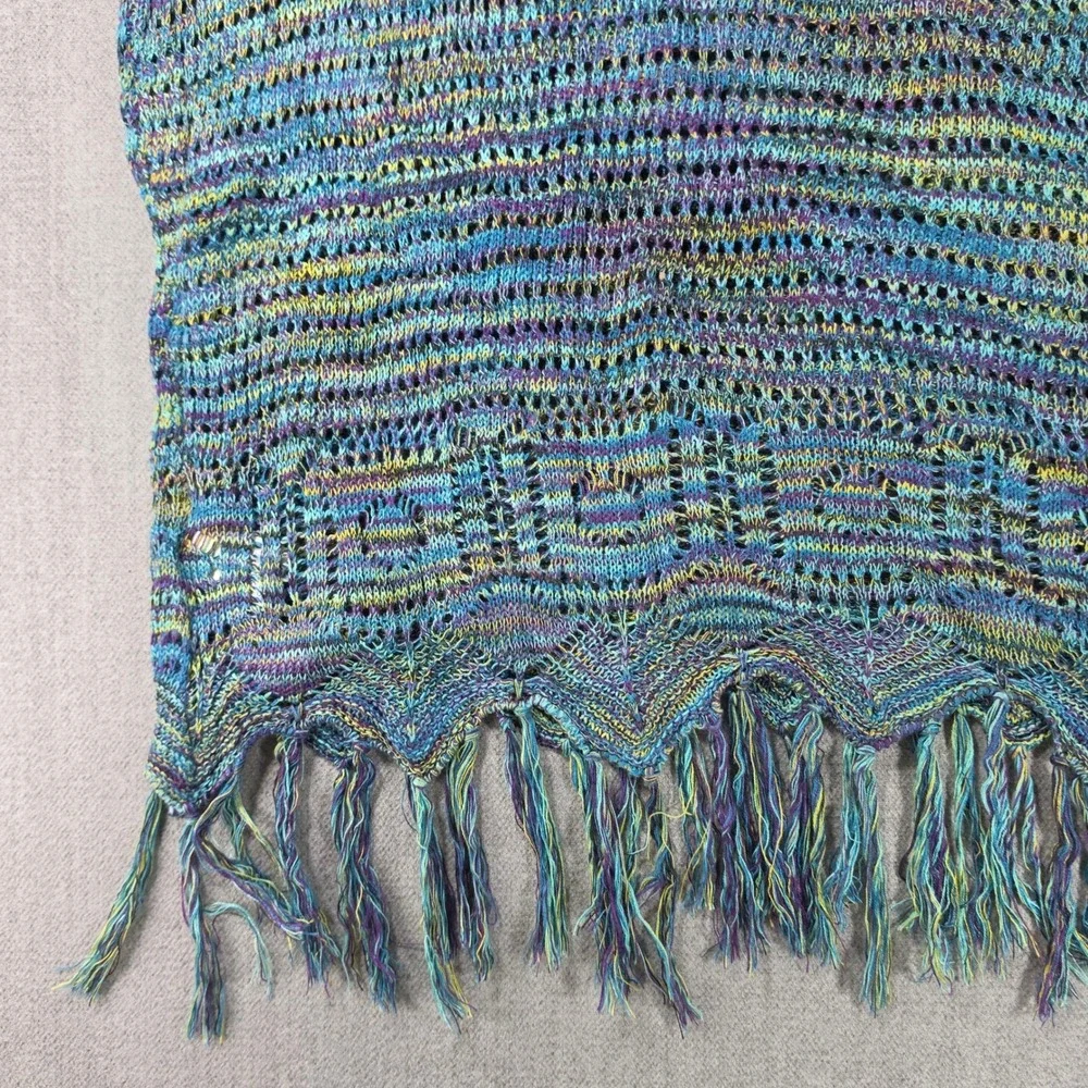 John Paul Richard Knit Top Womens XL Blue Space Dye Fringe Boho Short Sleeve